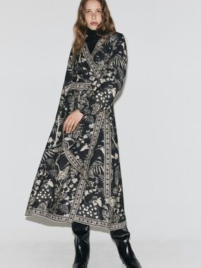H&M Black and Cream Floral Wrap Maxi Dress
